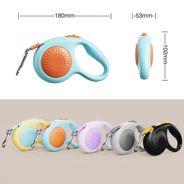 Automatic retractable dog leash shown in several colors with matching retracting handle