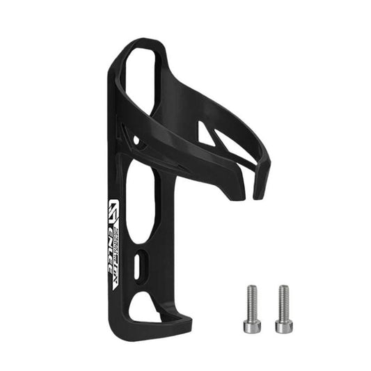 Black plastic bike water bottle cage with open side and mounting screw holes