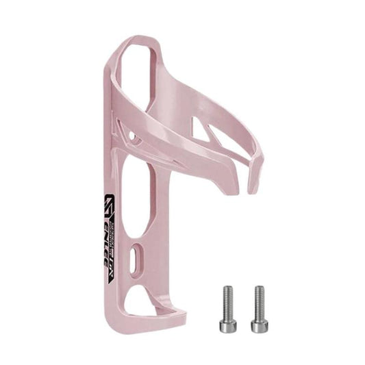 Pink plastic bike water bottle cage with open side and mounting screw holes