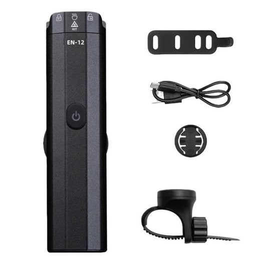 Portable black bike headlight with control buttons and front LED lens