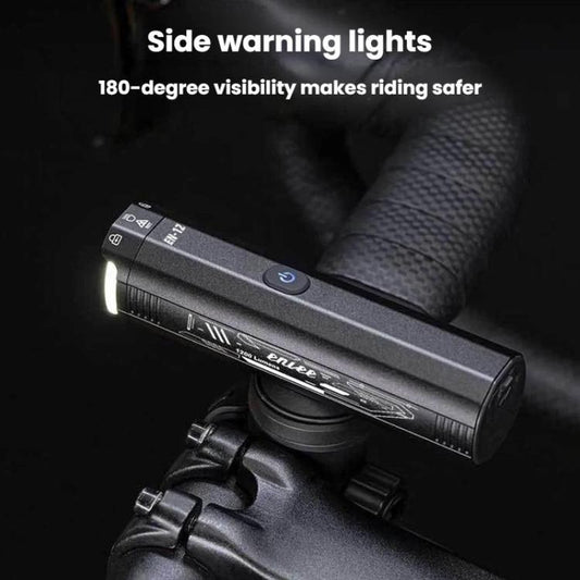Mounted black bike headlight with bright white beam and side warning lights