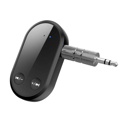 Black Bluetooth audio receiver with 3.5mm AUX plug and button controls