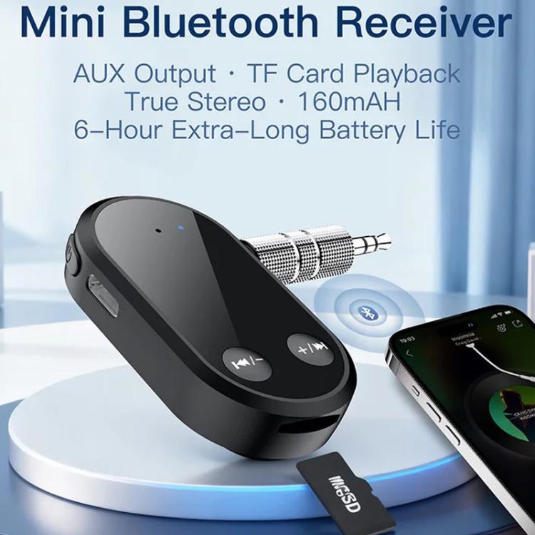Black mini Bluetooth receiver with 3.5mm AUX output and left-side button panel
