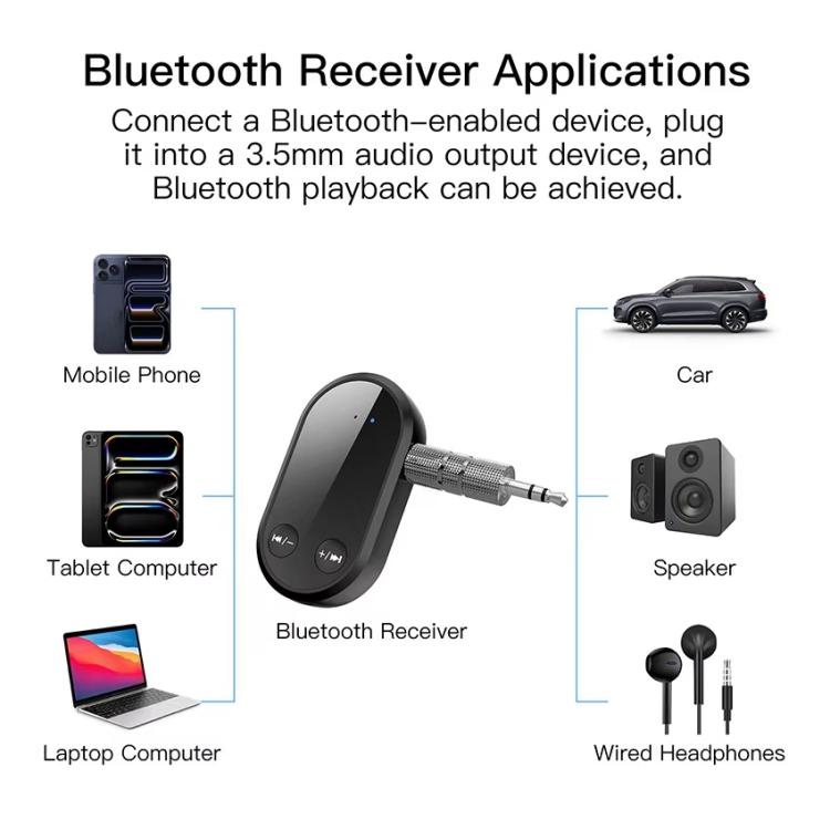 Bluetooth audio receiver with 3.5mm AUX plug and compact black hands-free design