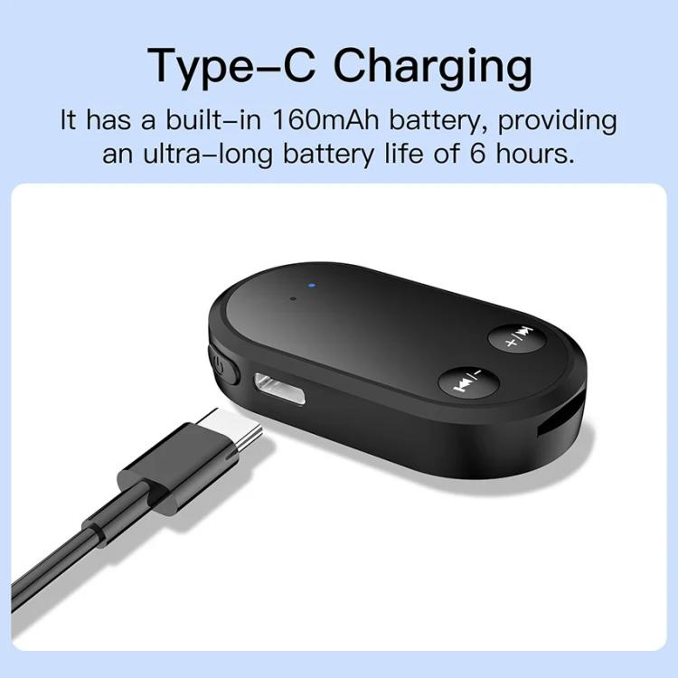 Black Bluetooth receiver with Type-C charging port and built-in control buttons