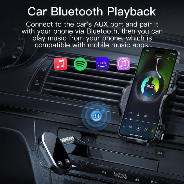 Black Bluetooth audio receiver with 3.5mm AUX plug and on-device call controls