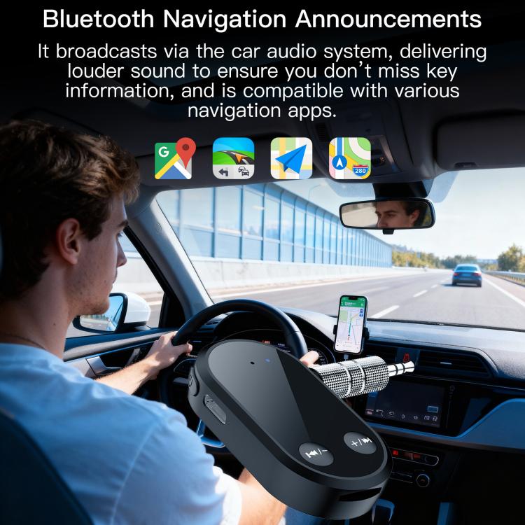 Black Bluetooth receiver with 3.5mm AUX plug and volume-style button controls