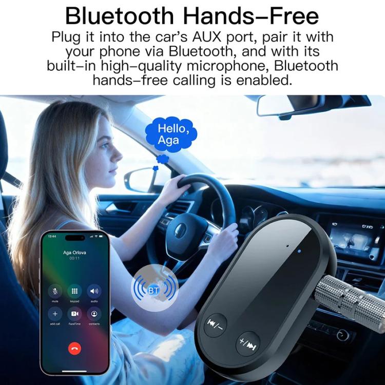 Black Bluetooth hands-free receiver with 3.5mm AUX plug and built-in microphone