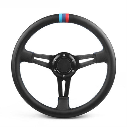 Black microfiber leather steering wheel with blue and red stripe accents, 3-spoke design