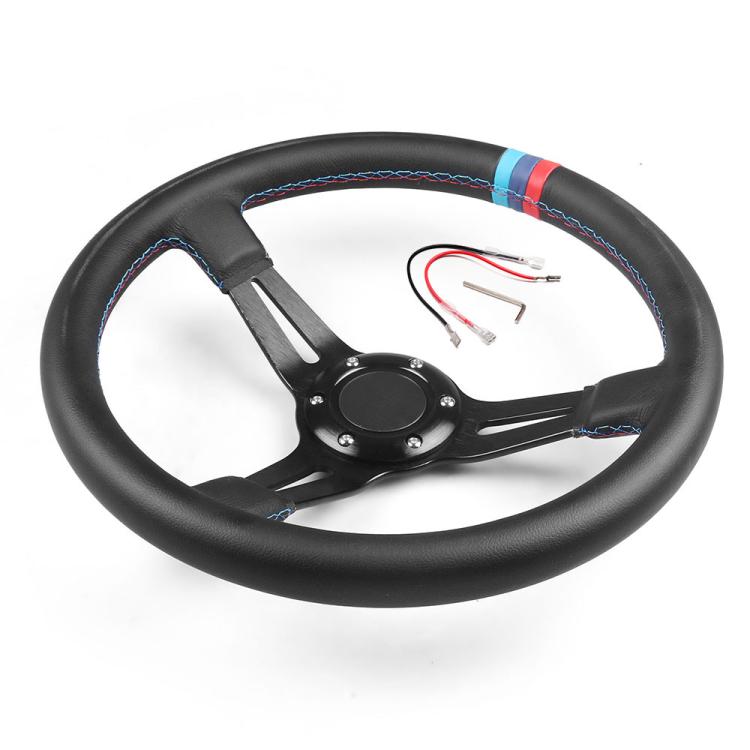 Black steering wheel with center hub, 3 spokes, and blue/red stitched rim detail