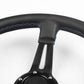 Steering wheel grip close-up with blue/red stitching and metal spoke support