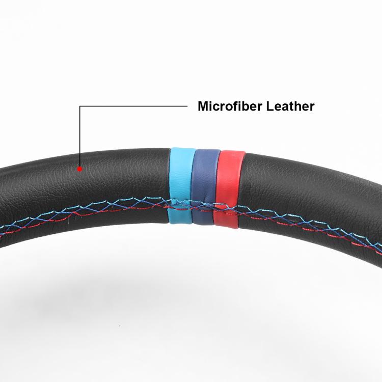 Tri-color banded steering wheel rim with blue and red wrap and blue/red stitching