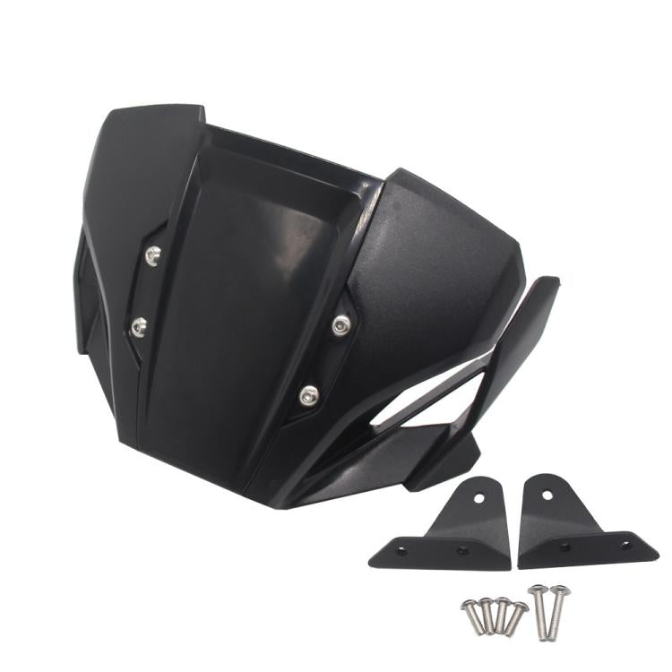 Black motorcycle windshield deflector with side brackets and mounting screws