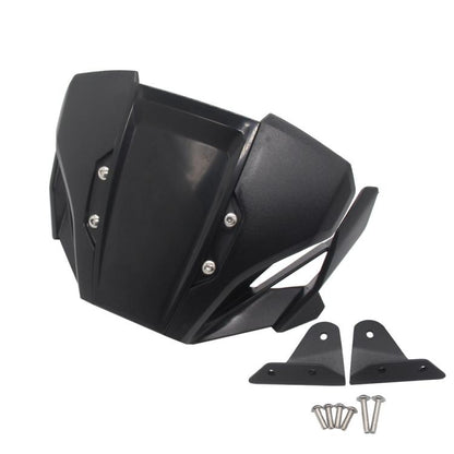 Black motorcycle windshield deflector with side brackets and mounting screws