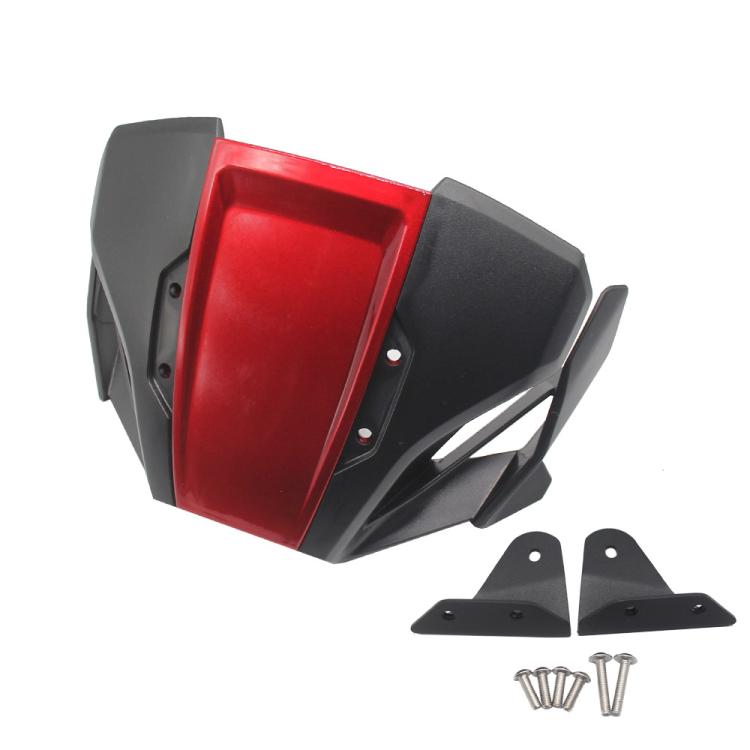 Red motorcycle windshield deflector with side brackets and mounting screws