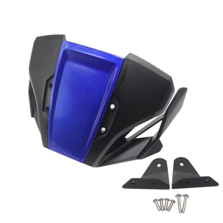 Blue motorcycle windshield deflector with side brackets and mounting screws