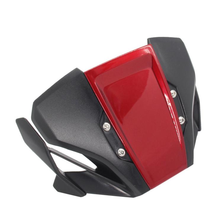 Red motorcycle windshield deflector angled view with mounting hardware