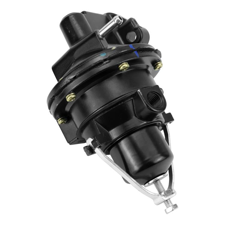 Mechanical fuel pump with black housing, inlet port, and metal mounting hardware