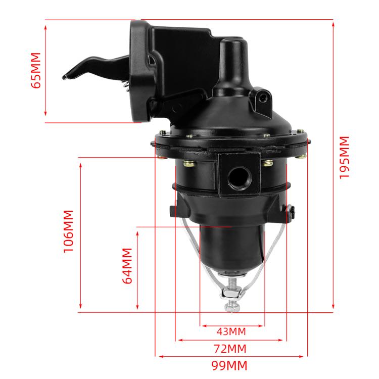 Mechanical fuel pump shown with size dimensions diagram