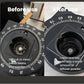 Burr carrier disc on grinder hopper, before-and-after view