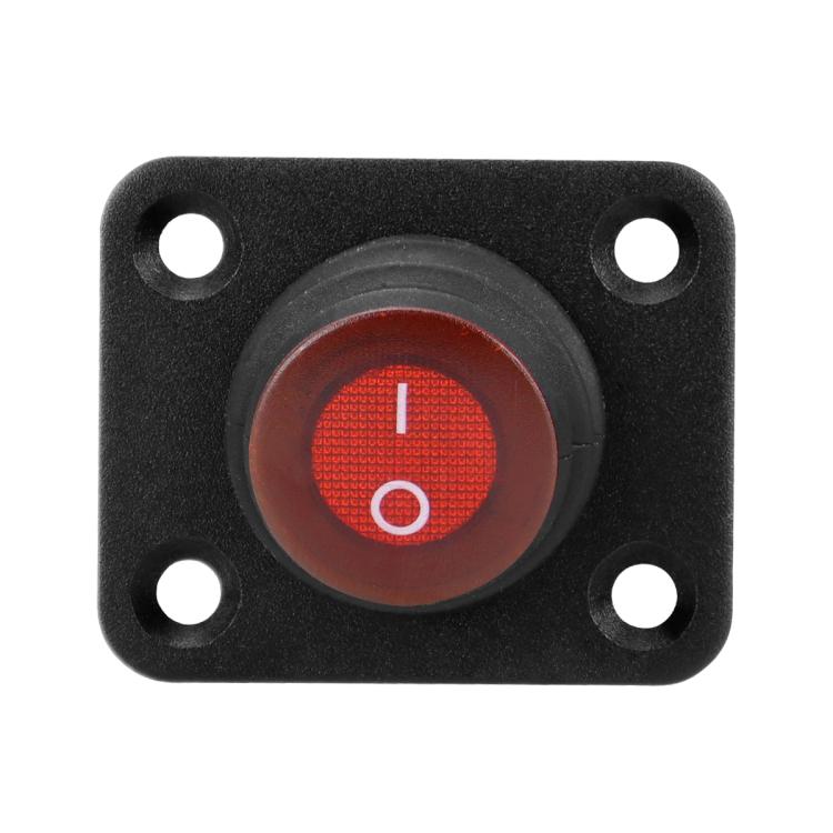 Black panel mount waterproof switch with red LED rocker, marked I and O
