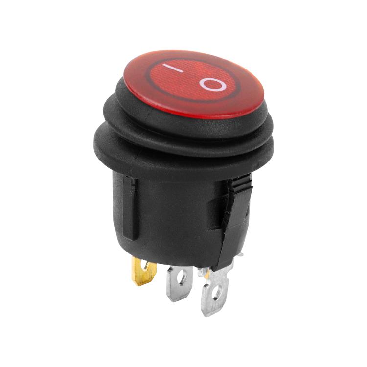 Waterproof push-button switch with red LED face and metal electrical terminals