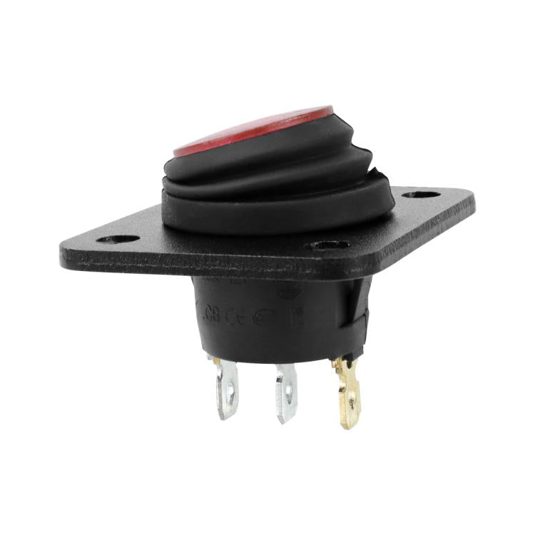 Panel-mounted waterproof switch with red lens and 3 pin metal connectors