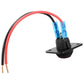 Waterproof marine switch with black base, red/black/red wire leads, and blue caps