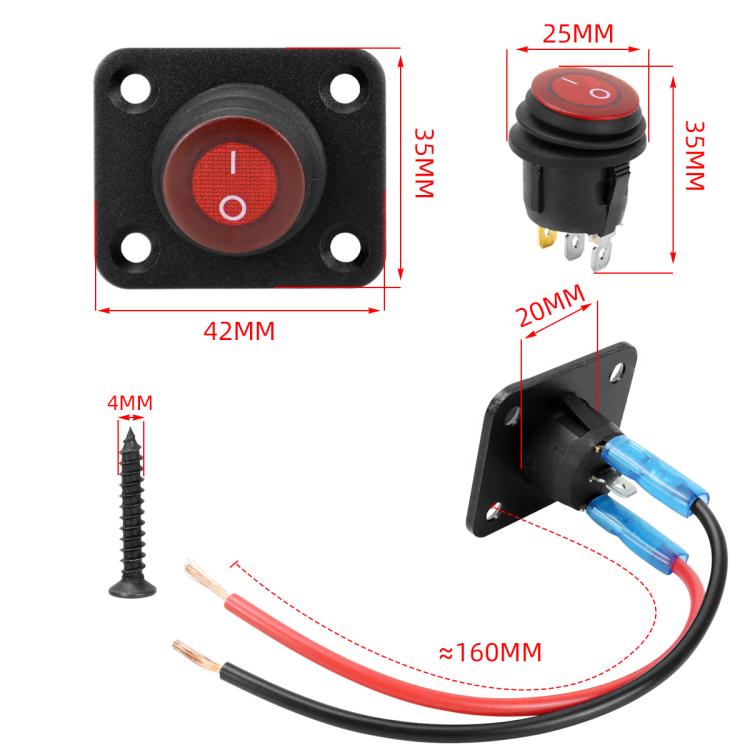 Waterproof marine panel switch with red LED, wiring harness, and mounting hardware