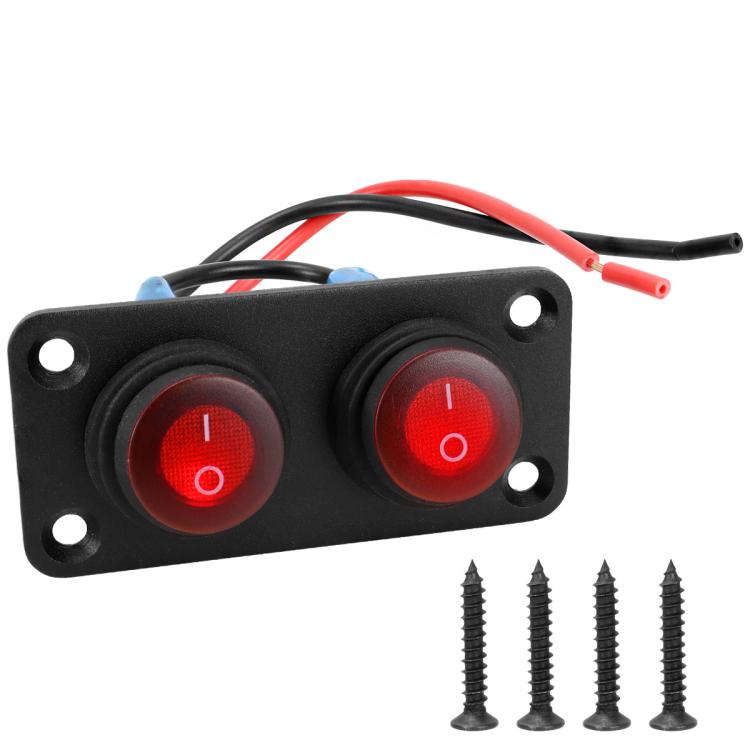 Black marine panel with two waterproof round switches, both with red LED I/O