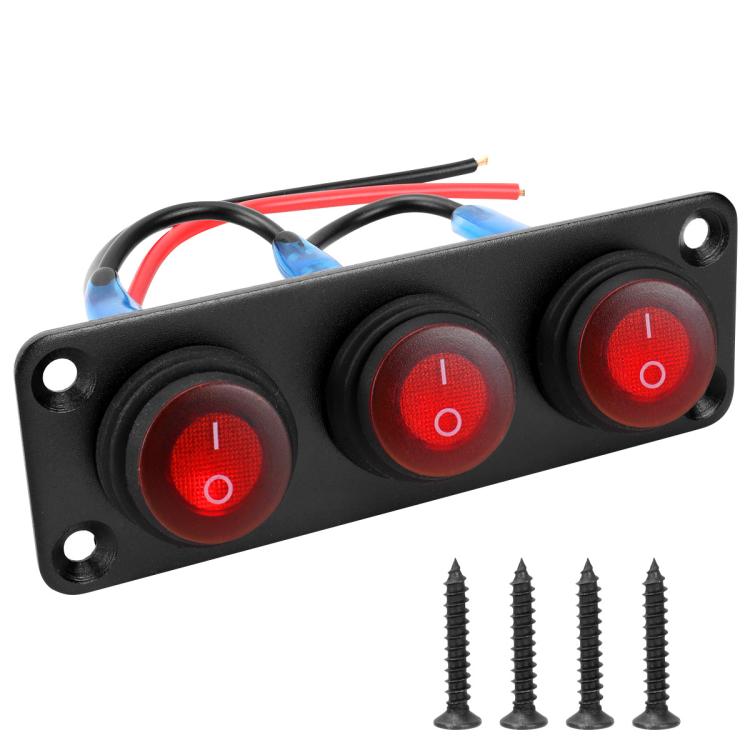 Black marine panel with three waterproof round LED switches, red I/O markings