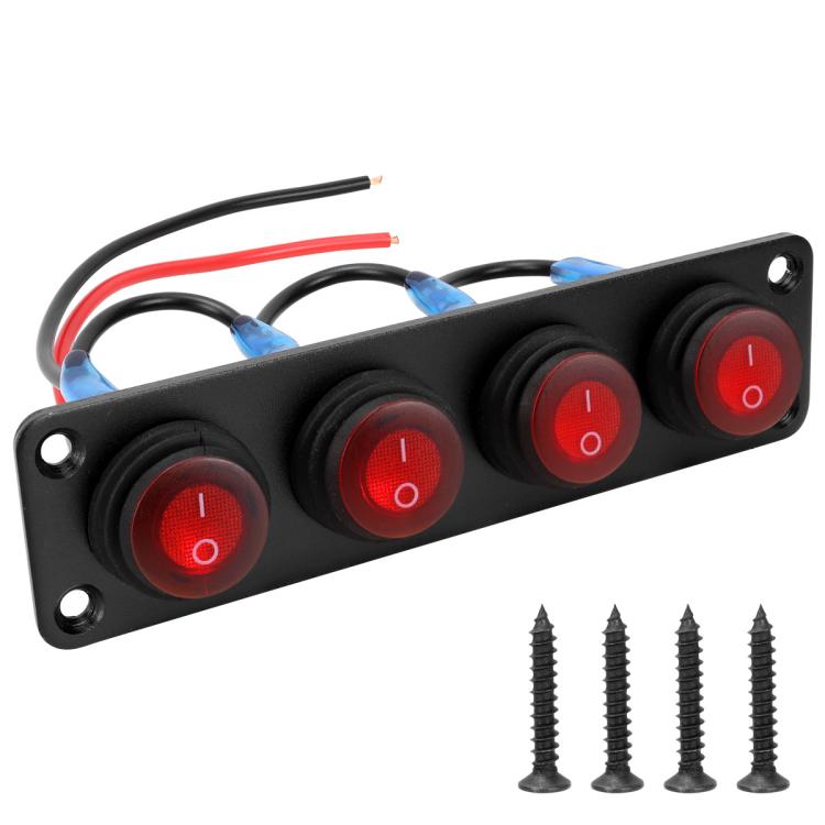 Black marine panel with four waterproof round LED switches, red I/O markings