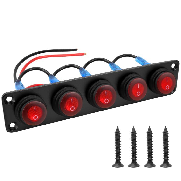 Black marine panel with five waterproof round LED switches, red I/O markings