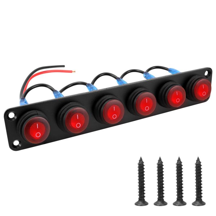 Waterproof marine panel switch with LED buttons, black panel, 5 red illuminated switches