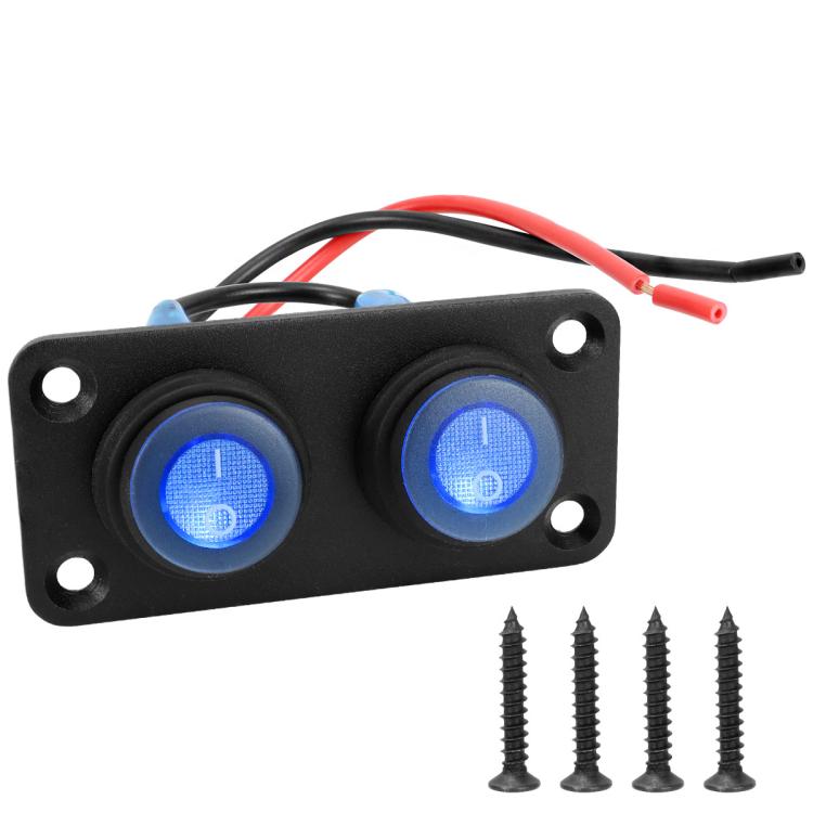Waterproof marine panel switch with LED buttons, black panel, 2 blue illuminated switches
