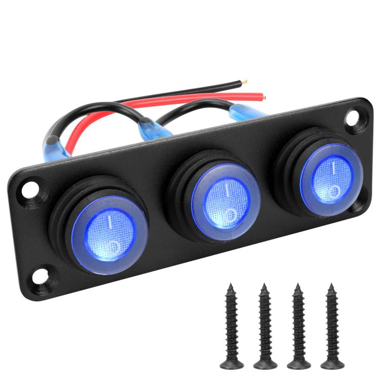 Waterproof marine panel switch with LED buttons, black panel, 3 blue illuminated switches