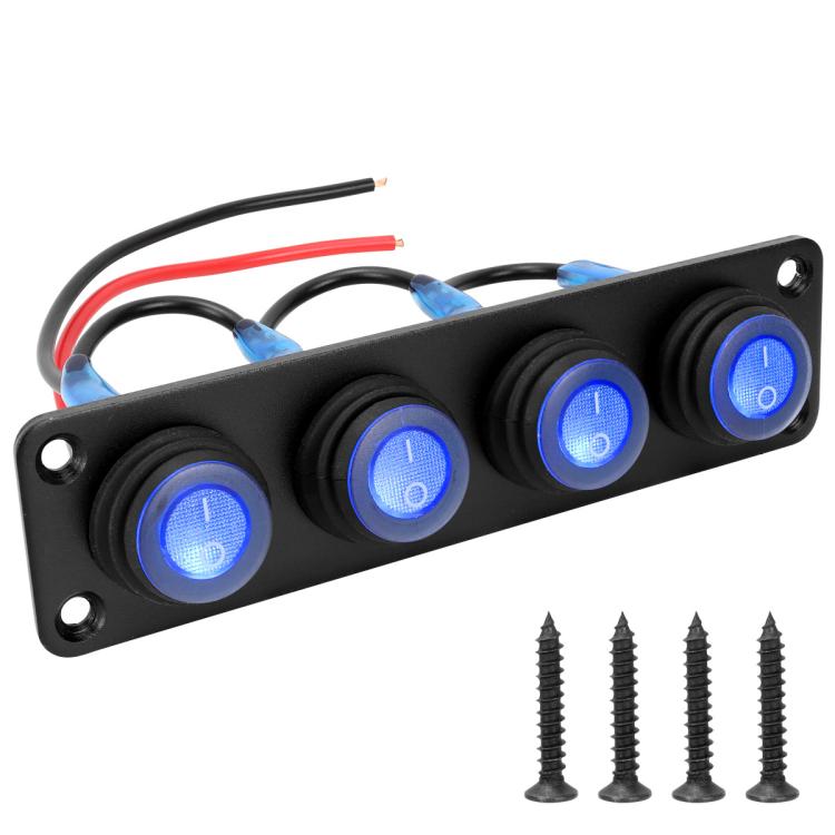 Waterproof marine panel switch with LED buttons, black panel, 4 blue illuminated switches