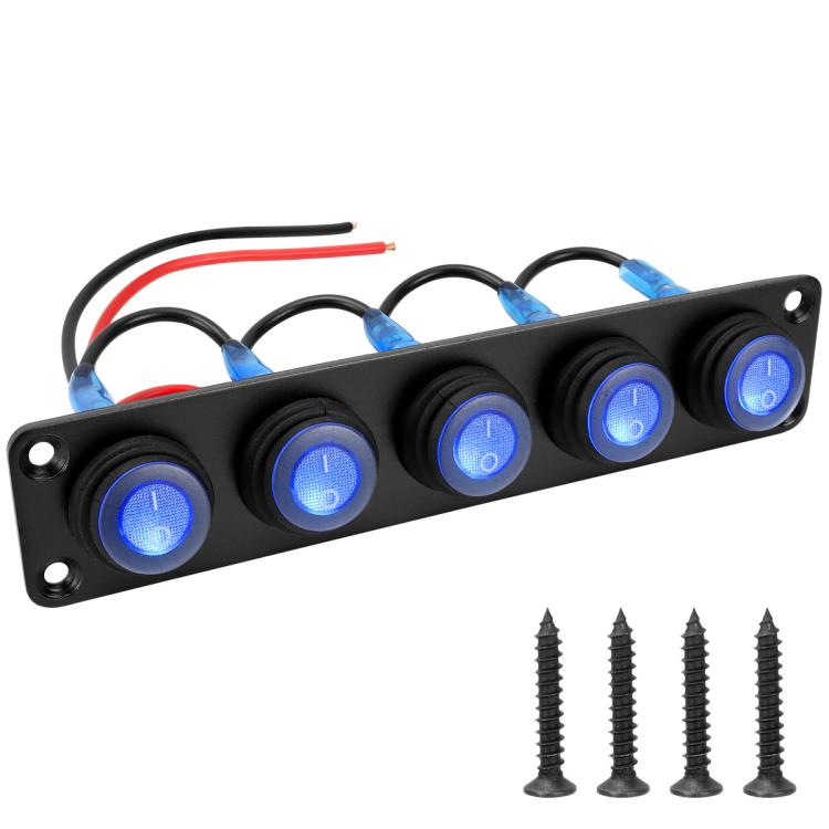 Waterproof marine panel switch with LED buttons, black panel, 6 blue illuminated switches