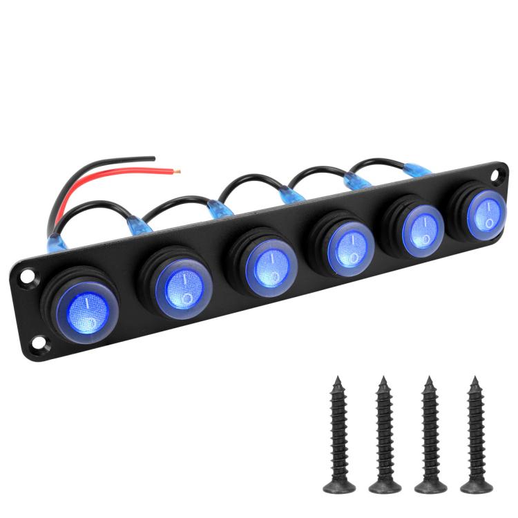 Waterproof marine panel switch with LED buttons, black panel, 5 blue illuminated switches