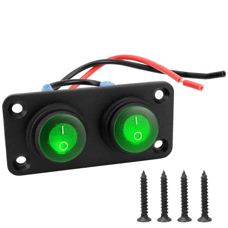 Waterproof marine panel switch with LED buttons, black panel, 2 green illuminated switches