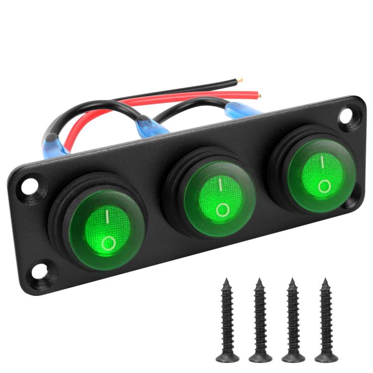 Waterproof marine panel switch with LED buttons, black panel, 3 green illuminated switches