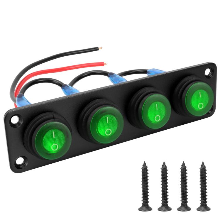 Black round LED marine panel switch with four green illuminated buttons and wiring