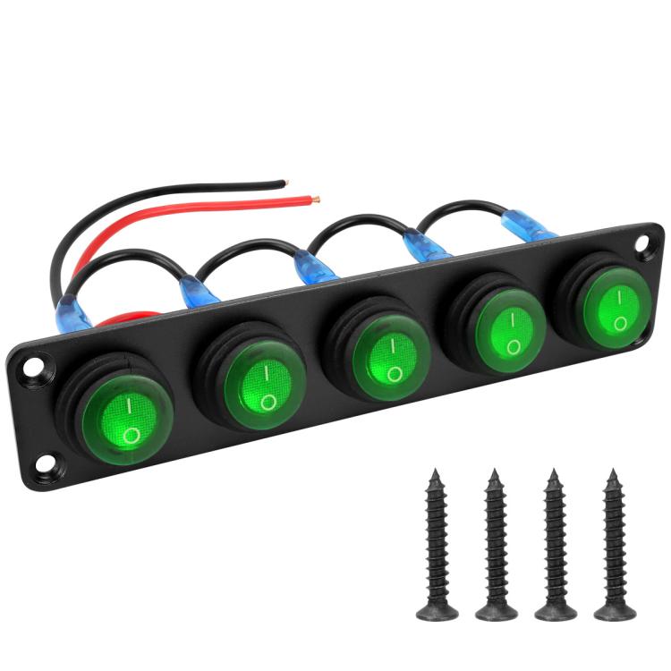 Black LED marine panel switch with four green round buttons and blue terminal covers