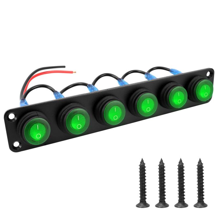 Black LED marine panel switch with multiple green round LED buttons and mounting holes