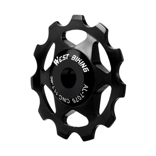 Black metal-bearing bike rear derailleur jockey wheel with machined cutouts