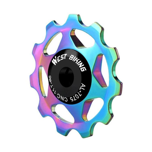 Rainbow metal-bearing bike rear derailleur jockey wheel with machined cutouts