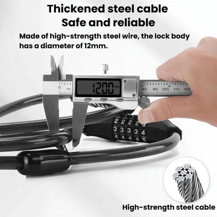Thick 12mm steel cable lock with password dials and hand-set combination