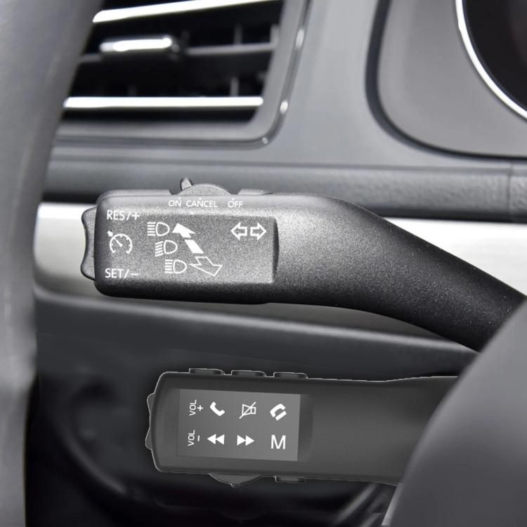 Steering wheel control button panel with illuminated-style icon labels