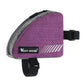 Purple triangle bike top tube bag with zip pocket, two straps, reflective stripe