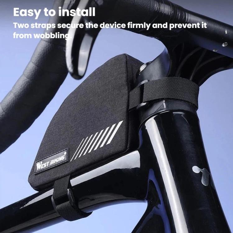 Black triangle bike top tube bag secured by two straps on bicycle frame